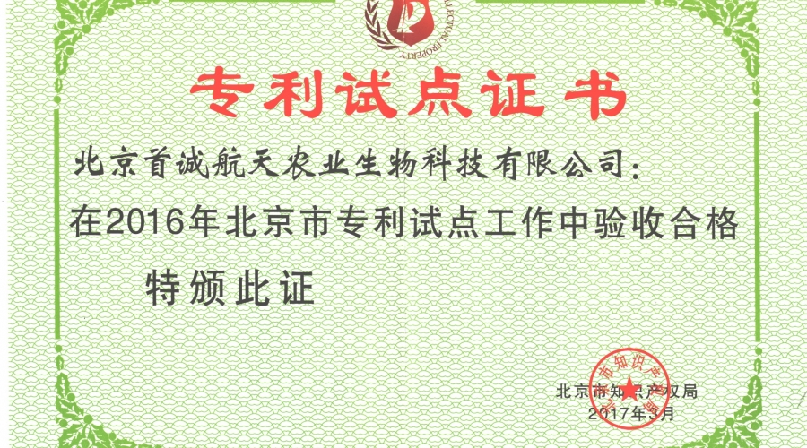 北京市專利試點工作中驗收合格證書